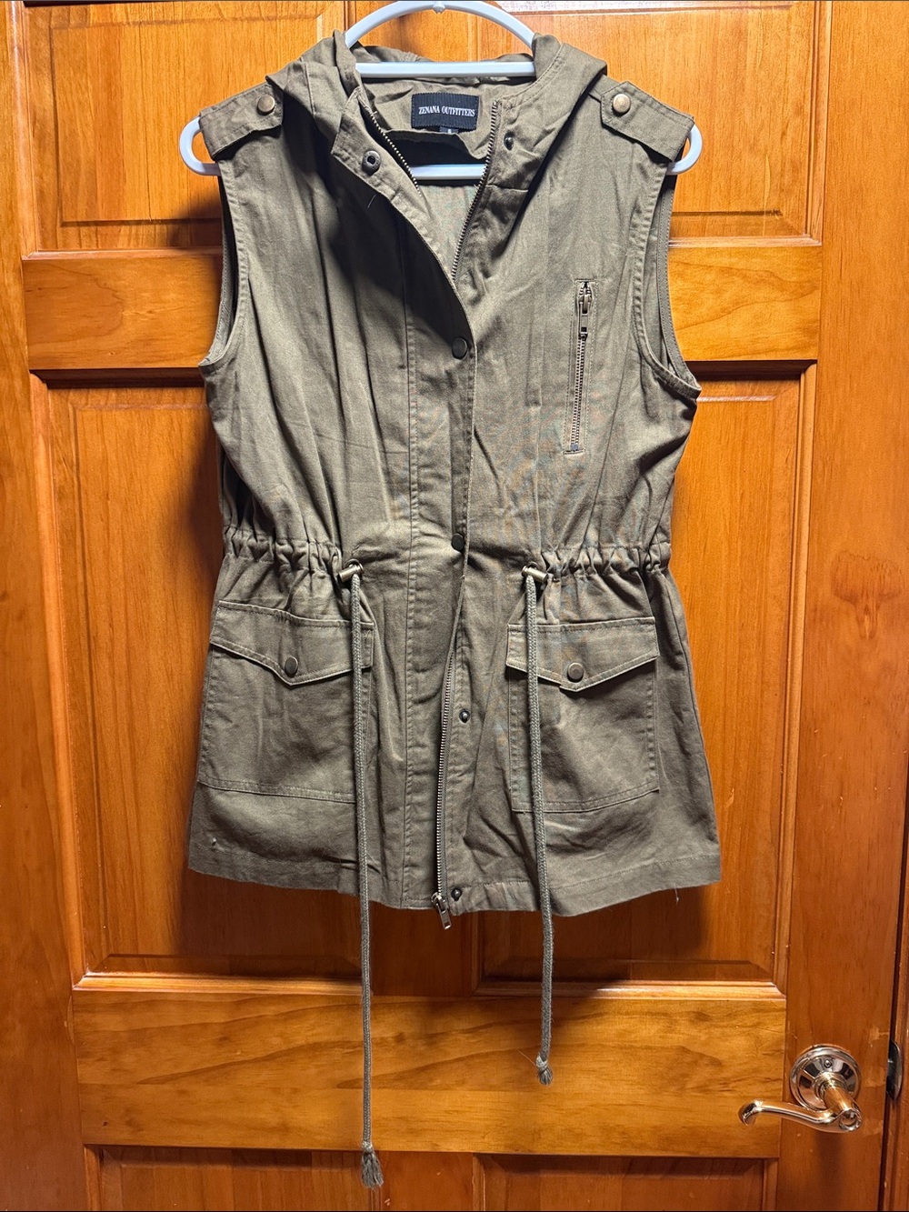 Zenana Outfitters Olive Green Sleeveless Hooded Utility Vest